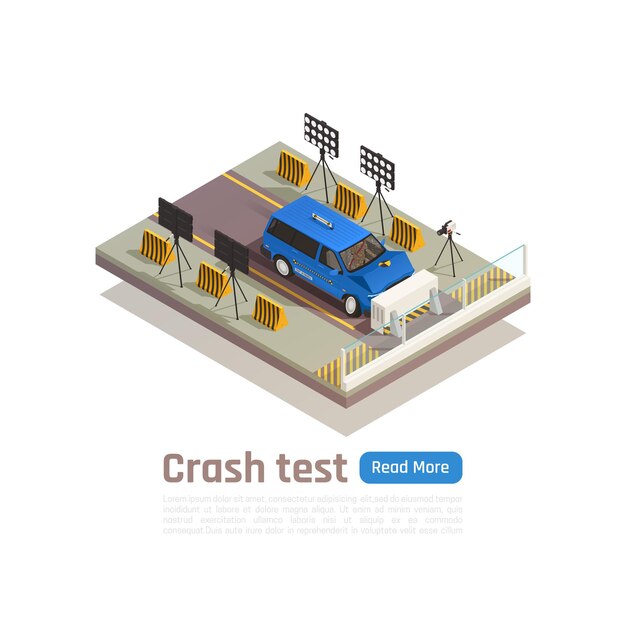 Crashtest autoveiligheid isometrische samenstelling met bewerkbare tekst en weergave van auto die tegen barrière botst