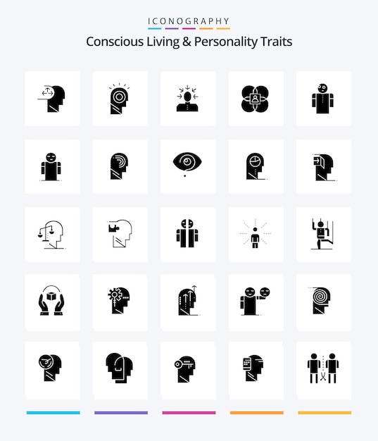 Creatief bewust leven en persoonlijkheidskenmerken 25 Glyph Solid Black icon pack Zoals persoon menselijke keuze kenmerken persoon