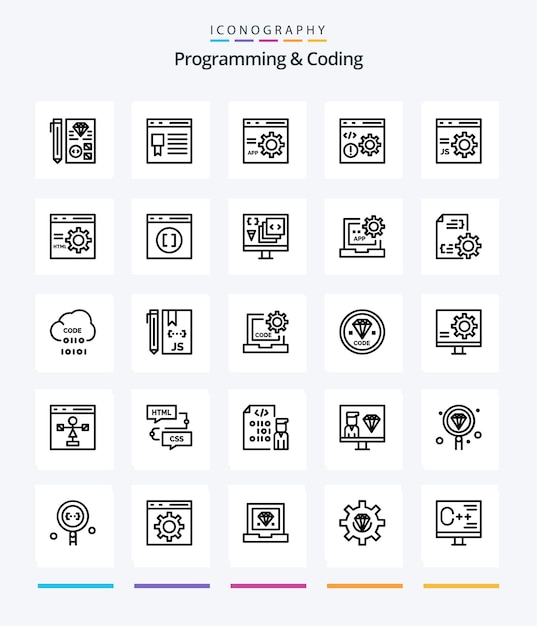 Creatief programmeren en coderen 25 outline icon pack zoals het ontwikkelen van browserpaginaprogrammering