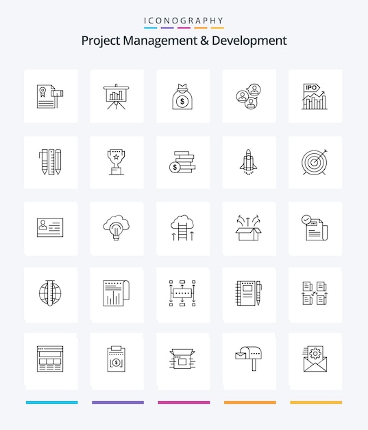 Creatief projectbeheer en -ontwikkeling 25 Overzichtspictogrampakket Zoals moderne focusrapport zakelijke activiteiten