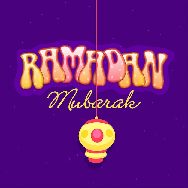 Creatief Ramadan Mubarak tekst ontwerp met hangende lantaarn op paarse achtergrond.