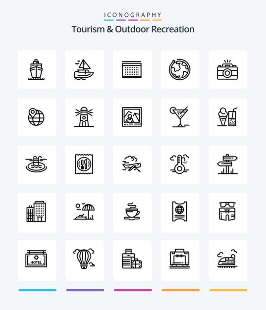 Creatief toerisme en openluchtrecreatie 25 OutLine icon pack Zoals kaart foto wereldbol fotocamera
