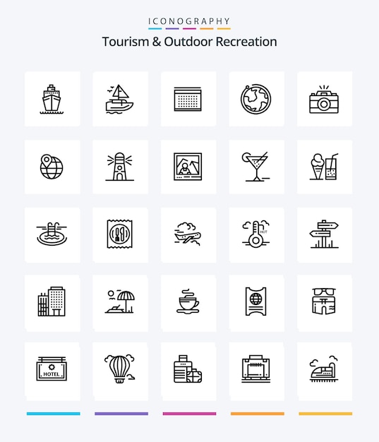 Creatief toerisme en openluchtrecreatie 25 OutLine icon pack Zoals kaart foto wereldbol fotocamera