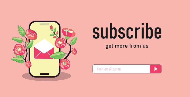Creatieve e-mailabonnementssjabloon met roze bloemen op de telefoon.