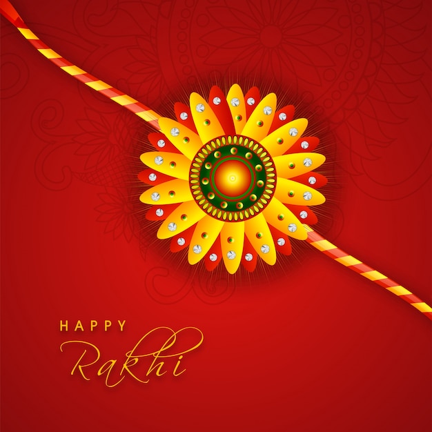 Creatieve gloeiende Rakhi op bloemenontwerp versierde rode achtergrond voor Indisch Festival, Raksha Bandhan viering.