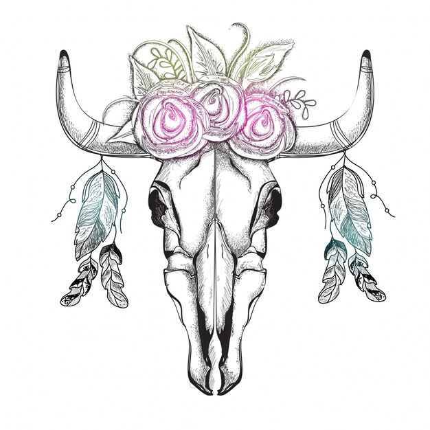 Creatieve hand getekende illustratie van Bull&#39;s Head met bloemenkrans en etnische veren, Boho stijl element.