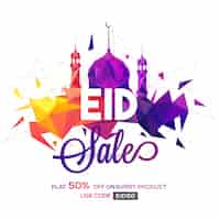 Gratis vector creatieve moskee gemaakt door kleurrijke abstracte veelhoekige vormen op een witte achtergrond. eid sale poster, banner of flyer design.