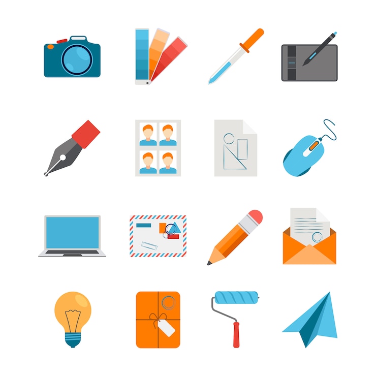 Gratis Vector creatieve ontwerp pictogrammen flat set met camera muis digitizer laptop