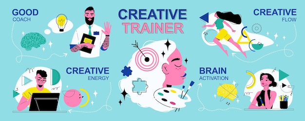 Creatieve trainer poster met hersenactivatie symbolen platte vectorillustratie