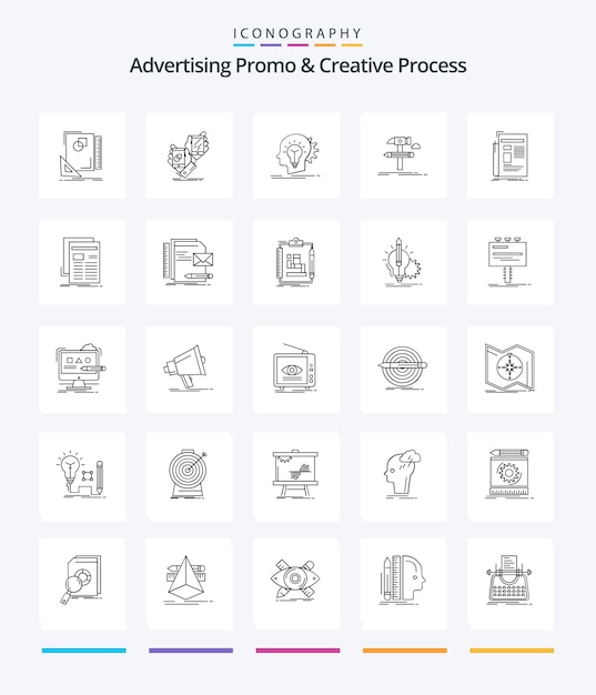 Creative Advertising Promo en Creative Process 25 OutLine icon pack Zoals het ontwikkelen van een denkhoofd voor het bouwen van plaatsingen