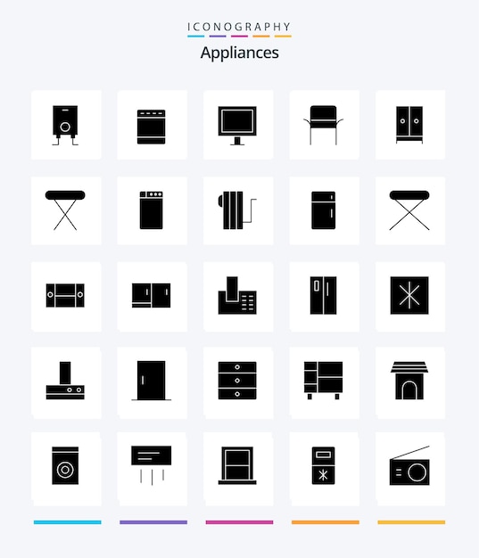 Gratis vector creative appliances 25 glyph solid black icon pack zoals meubels elektrische huishoudelijke apparaten meubels