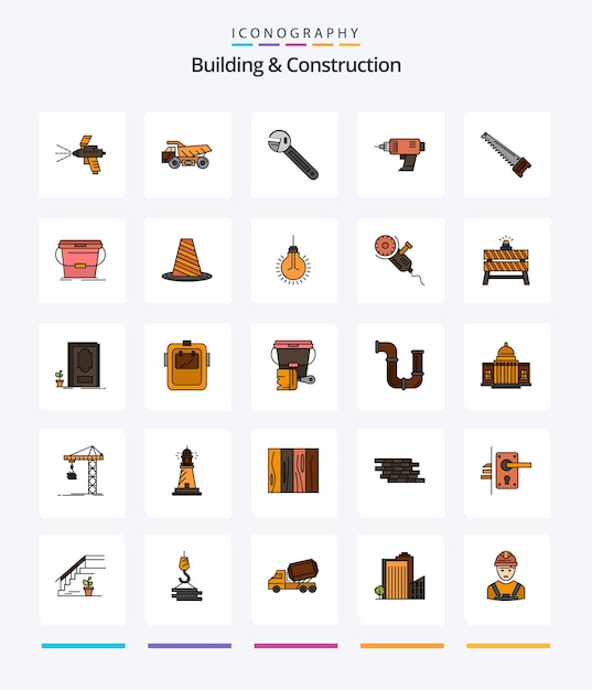 Gratis vector creative building and construction 25 line filled icon pack zoals elektronica machine moersleutel elektrisch gereedschap