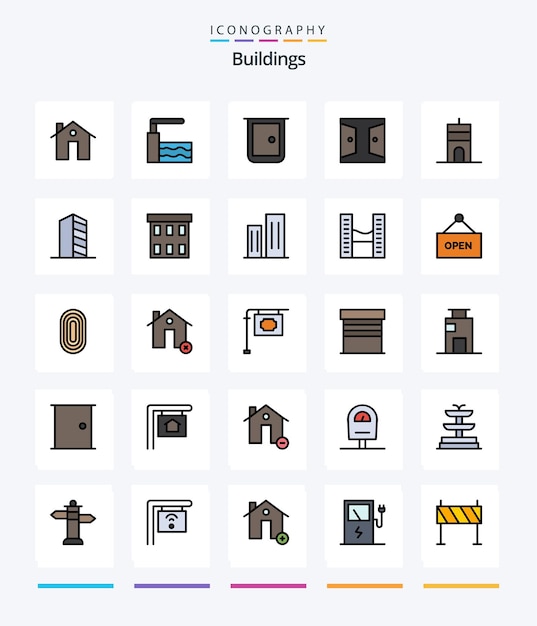 Gratis vector creative buildings 25 line filled icon pack zoals gebouwen signaleren gebouwen gebouwen thuispoort