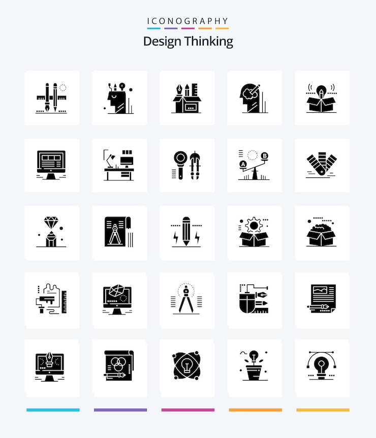 Gratis Vector creative design thinking 25 glyph solid black icon pack zoals user mind user stationair potlood