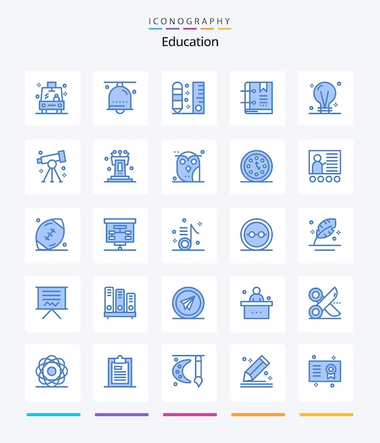 Creative education 25 blue icon pack zoals marker bladwijzer ring boek liniaal