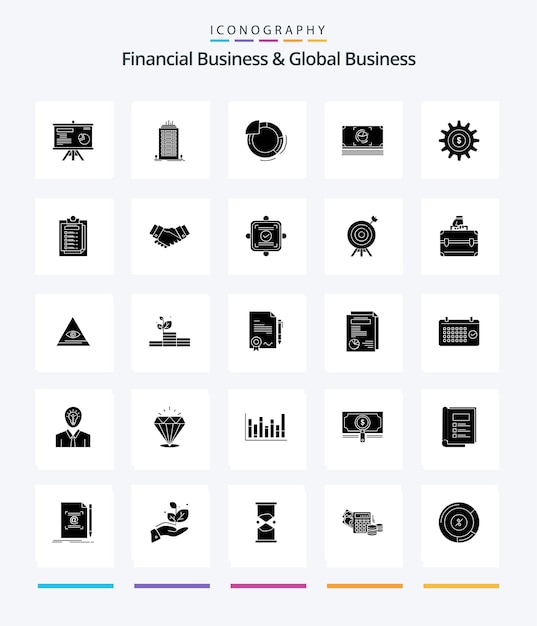 Gratis vector creative financial business en global business 25 glyph solid black icon pack zoals het instellen van dollargrafiek contant geld