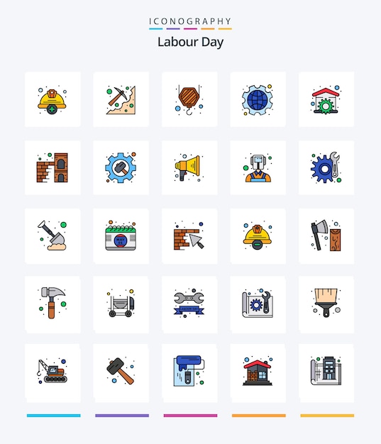 Creative labor day 25 line filled icon pack zoals daghaak voor arbeidsuitrusting