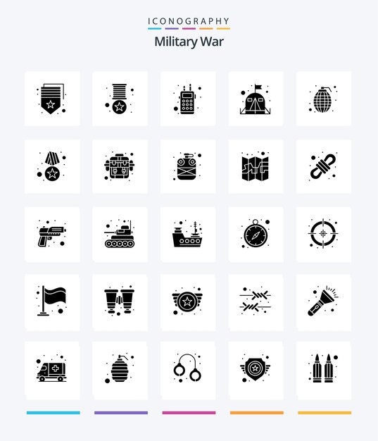 Creative Military War 25 Glyph Solid Black icon pack Zoals granaattentonderzoek militair leger