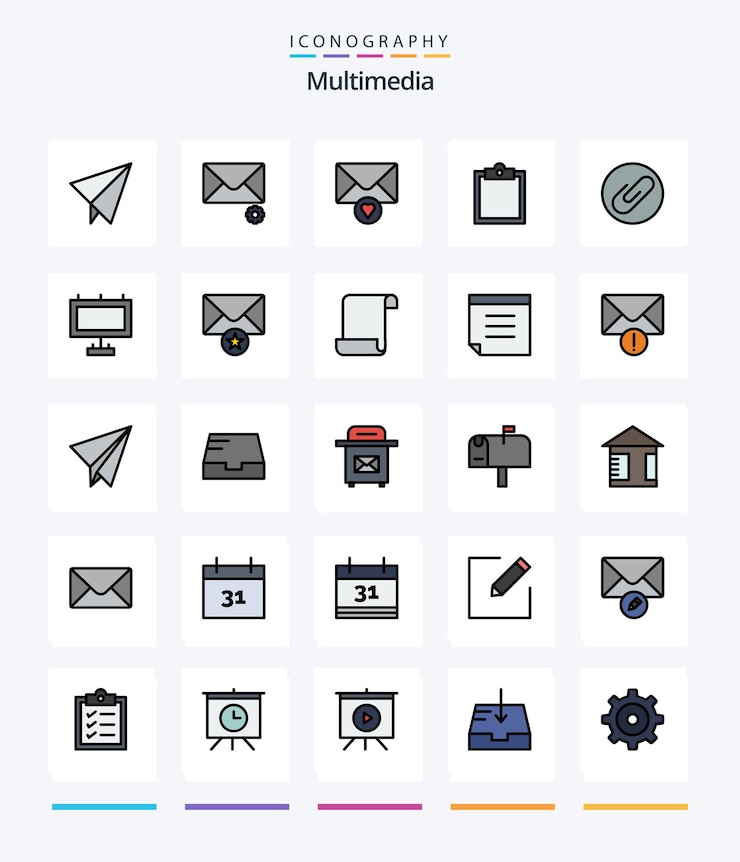 Gratis Vector creative multimedia 25 line filled icon pack zoals mail board buffer advertentiebijlage