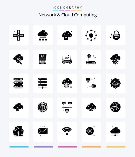 Creative Network en Cloud Computing 25 Glyph Solid Black icon pack Zoals wachtwoordvergrendelde uploadvergrendelingsbeveiliging
