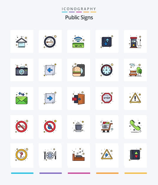 Gratis vector creative public signs 25 line filled icon pack zoals omhoog en omlaag roken richting wifi