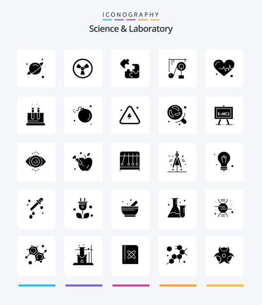 Creative Science 25 Glyph Solid Black icon pack Zoals lab beat science heart science