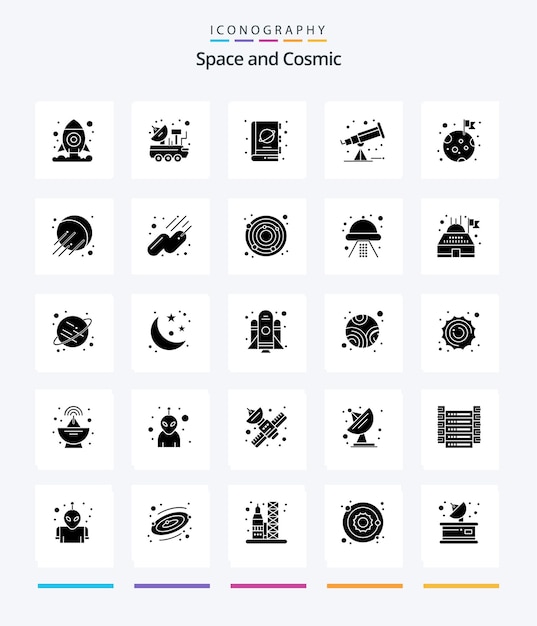 Gratis vector creative space 25 glyph solid black icon pack zoals maantelescoop boekruimteruimte