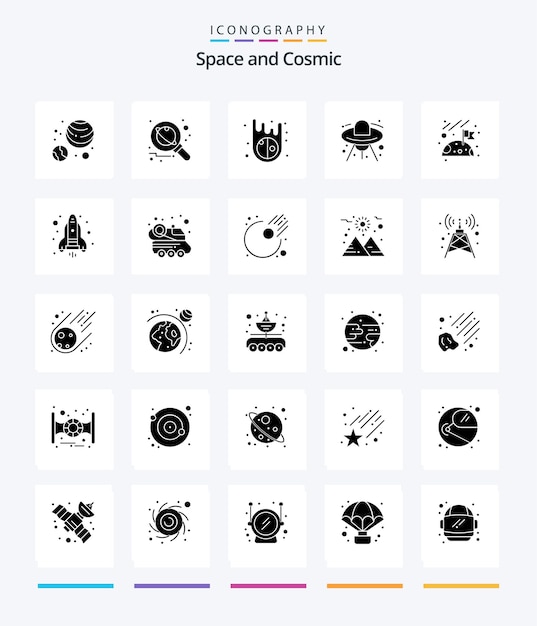 Gratis vector creative space 25 glyph solid black icon pack zoals ruimtevlag asteroïden ufo schip