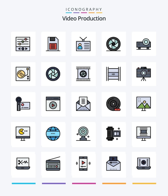 Creative video production 25 line filled icon pack zoals filmster beroemdheid sd-kaart vintage uitvoerapparaat