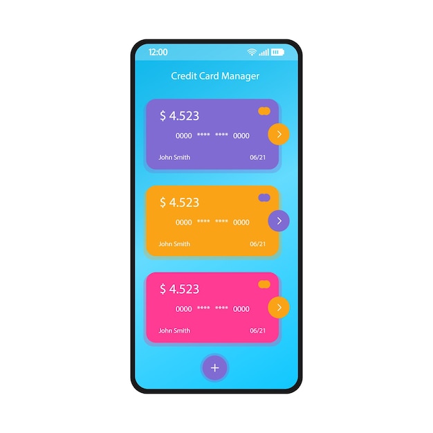 Creditcard manager smartphone interface vector sjabloon. mobiele app pagina blauwe ontwerplay-out. e-wallet, scherm voor internetbankieren. platte gebruikersinterface voor toepassing. saldobeheer, e-betaling. telefoonweergave Premium Vector