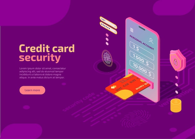 Gratis vector creditcardbeveiliging isometrische illustratie beschermt identiteitsinformatie op smartphonescherm