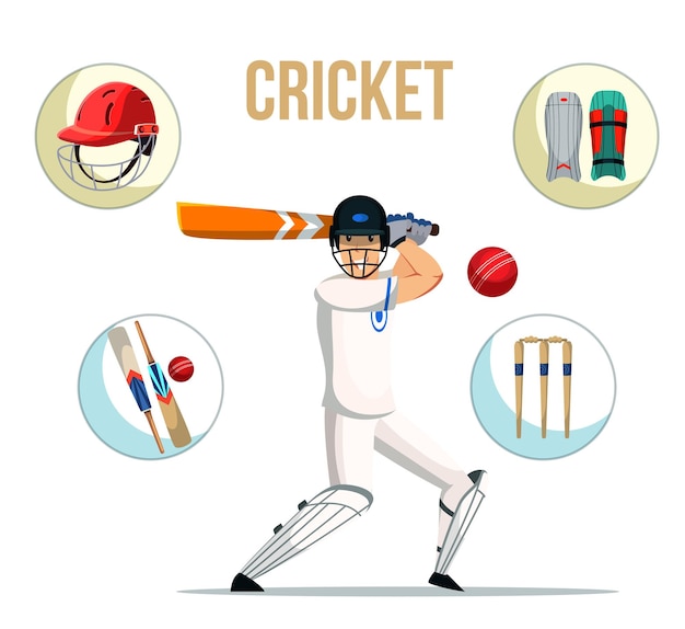 Gratis vector cricket professionele sportman in uniforme batsman en sportuitrusting illustratie