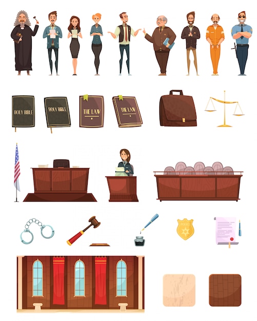 Gratis vector criminal justice retro cartoon pictogrammen collectie met wetboeken jury vak rechter en rechtszaal