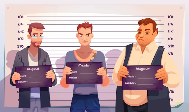 Gratis vector criminelen met mugshotplaten in politiebureau