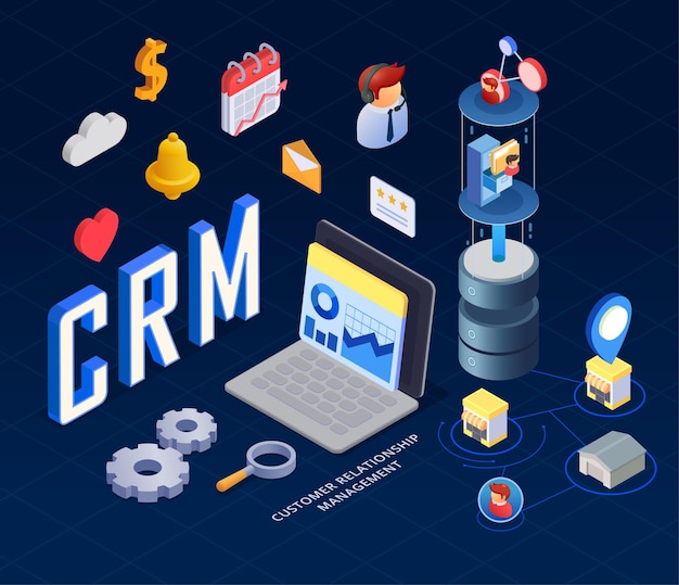 Gratis vector crm isometrisch concept met notitieboekje en klantenbeheersymbolen vectorillustratie