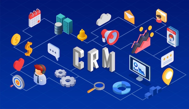 Gratis vector crm isometrisch stroomschema met de symbolen vectorillustratie van het beheer van de klantrelatie