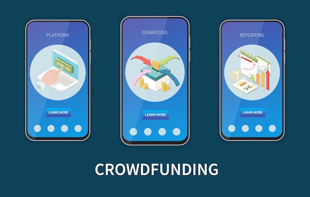 Crowdfunding isometrische set met geïsoleerde vectorillustratie voor fondsenwerving mobiele app-sjablonen