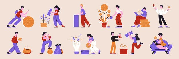 Crowdfunding platte horizontale iconen met mensen die geldwater geven boom rollen munten sparen bankbiljetten vectorillustratie