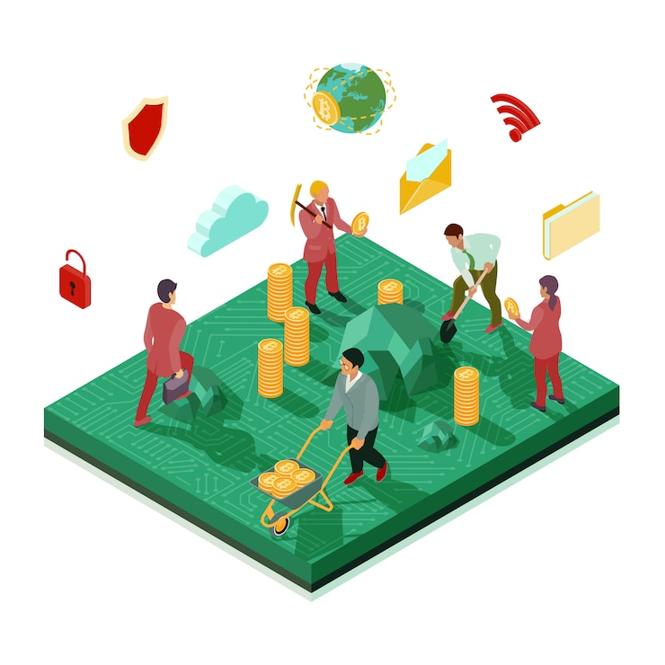 Gratis Vector crypto valuta mijnbouw isometrische illustratie