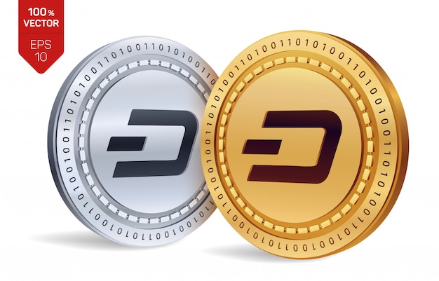 Cryptocurrency gouden en zilveren munten met dash-symbool geïsoleerd op een witte achtergrond.