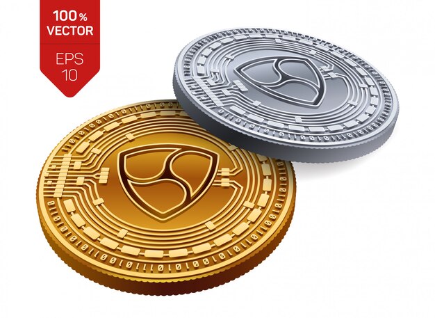 Cryptocurrency gouden en zilveren munten met nem-symbool geïsoleerd op een witte achtergrond.