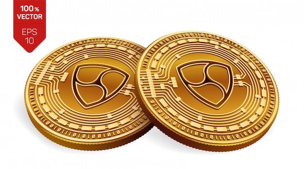 Cryptocurrency gouden munten met nem-symbool geïsoleerd op een witte achtergrond.