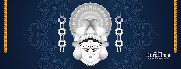 Gratis vector cultureel indiaas festival durga puja en happy navratri-banner met het gezicht van godin durga