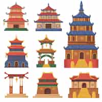 Gratis vector culturele traditionele gebouwen van china plat ingesteld voor webdesign. cartoon afbeelding