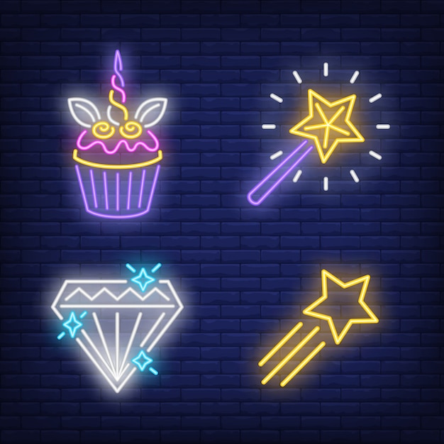 Cupcake, vliegende ster, diamant en toverstaf neonreclames instellen