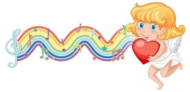 Cupido meisje met hart met melodiesymbolen op regenbooggolf