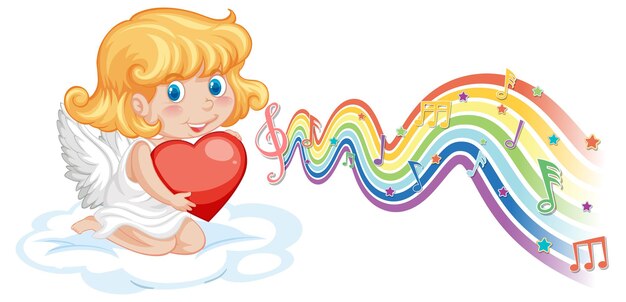 Cupido meisje met hart met melodiesymbolen op regenbooggolf