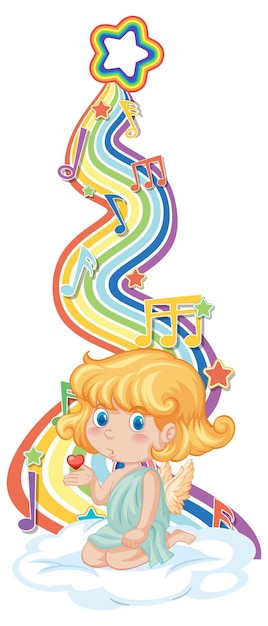 Cupido-meisje met melodiesymbolen op regenbooggolf