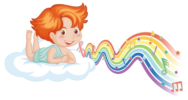 Gratis vector cupidojongen die op de wolk ligt met melodiesymbolen op regenbooggolf