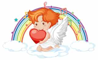 Gratis vector cupidojongen op de wolk met melodiesymbolen op regenboog